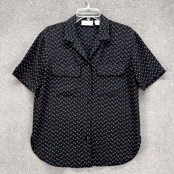 Liz Claiborne Shirt Womens 6 Navy Blue Dots Button Up Blouse short sleeves - Picture 1 of 15